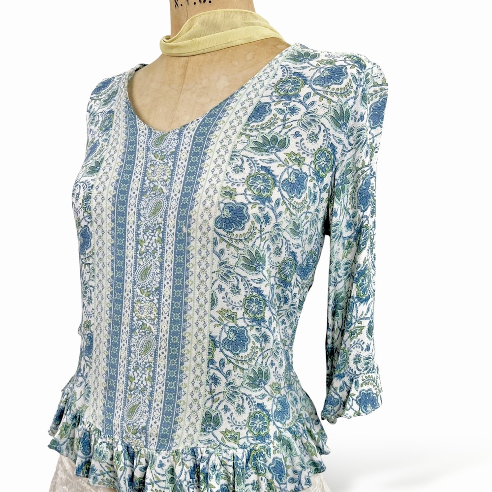 Boho Womens S Ruffle Floral Blouse Rose & Thyme Blue Paisley Peasant Top Cottege - Picture 4 of 11